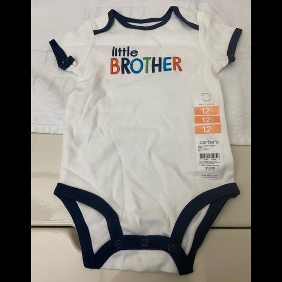 Carters Bodysuit 12 months “Little BROTHER” 100% Cotton White/Multi NWT - Picture 2 of 6